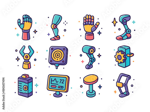 Colorful Robotic Prosthetics Icons. Robotic prosthetics. Colorfu