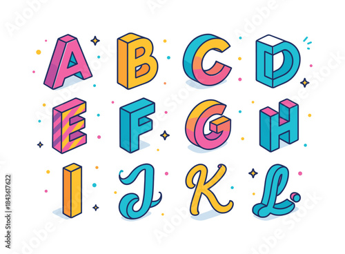 Colorful Alphabet Icons. Alphabet design. Colorful isometric vec