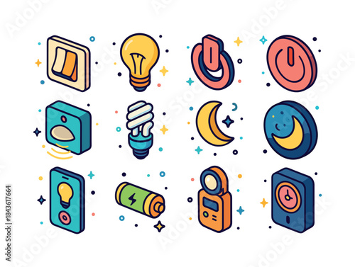 Energy-Saving Icons Set. Turning Off All Non-Essential Lights. C