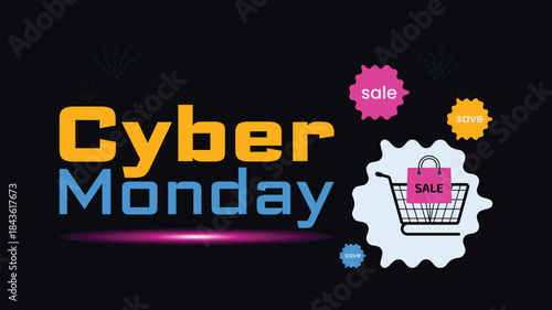 Cyber Monday sales text with shopping cart icon designed for online retail advertisements and festive promotional materials.
