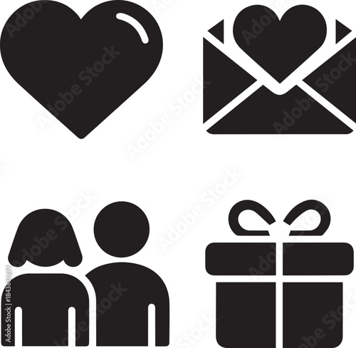 Romantic Flat Silhouette Icons, Valentine’s Concept Vector Set