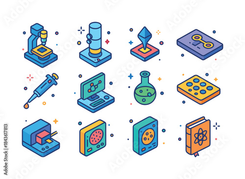 Nano Research Icons. Nano Research Tools. Colorful isometric vec