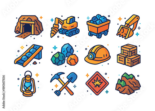 Colorful Mining Icons Set. Mining Operations. Colorful isometric