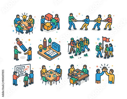Team Building Icons. Team building activities. Colorful isometri