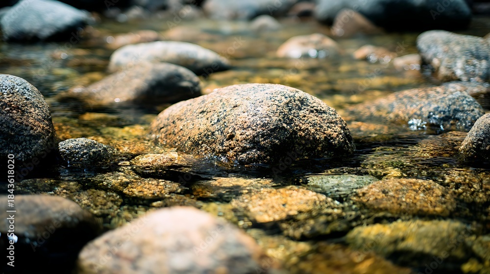 Obraz premium osmium. Smooth, rounded river stones resting on a riverbed, polished by water, with soft aquatic lighting. travel magazines, destination branding, designed for outdoor magazines and nature guides.