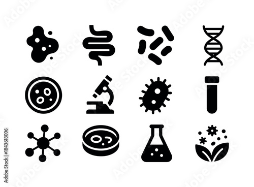Microbiome Icons Grid. Human Microbiome Exploration. Solid icon