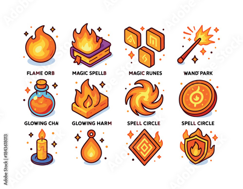 Fiery Magic Icons. Fire Magic. Colorful isometric vector icons s
