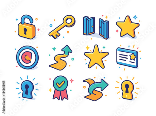 Colorful Progress Icons. Unlocking progress. Colorful isometric