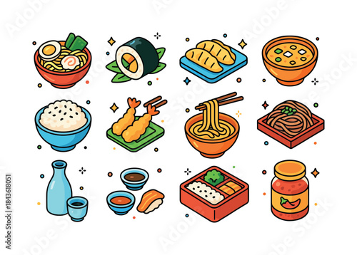 Colorful Asian Cuisine Icons. Asian cuisine. Colorful isometric