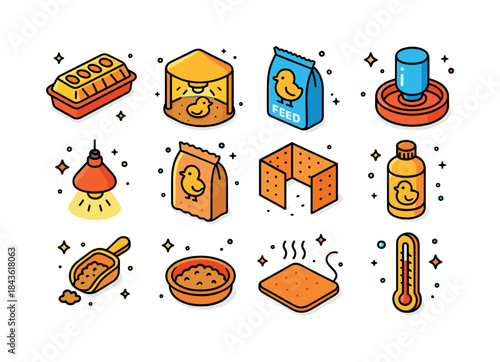 Chick Care Essentials. Chick Care. Colorful isometric vector ico