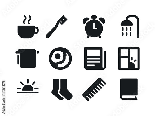 Morning Essentials Icons. Morning rituals. Solid icon set of mor