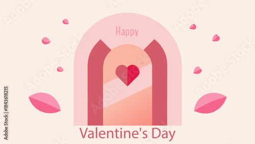 A beautiful flat design illustration for Happy Valentine's Day featuring a minimalist heart symbol and falling rose petals in shades of pink and red.