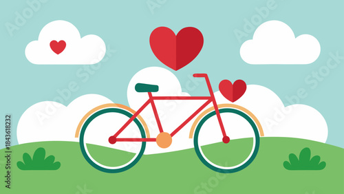 Flat Vector Illustration Featuring a Red Bicycle on a Grassy Hill Under a Blue Sky with Stylized Clouds and Red Hearts Symbolizing Love and Cycling