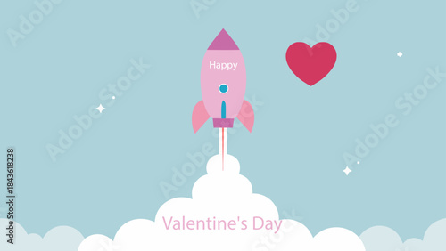 A lovely flat design illustration showing a pink rocket launching into the sky with a large red heart, symbolizing a journey of love for Valentine's Day.