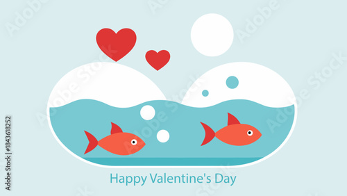 A flat design illustration for Valentine's Day featuring two cute red fish swimming together in a fishbowl with hearts floating above