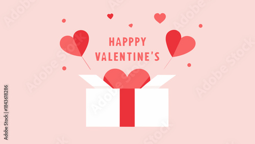 Happy Valentine's Day cute flat design illustration featuring a gift box opening and flying hearts on a pink background