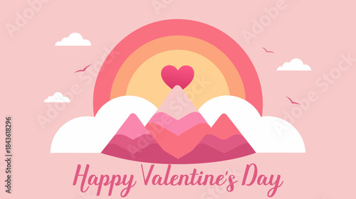 A beautiful pink and red Valentine's Day illustration featuring a heart on a mountain peak under a vibrant rainbow and clouds.