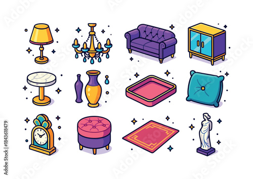 Glamorous Interior Icons. Glam interiors. Colorful isometric vec