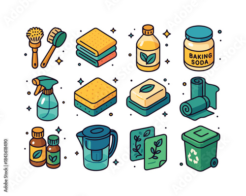 Eco Cleaning Icons. Eco-friendly cleaning. Colorful isometric ve