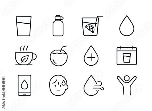 Hydration Wellness Icons. Hydration and wellness. Line icon set