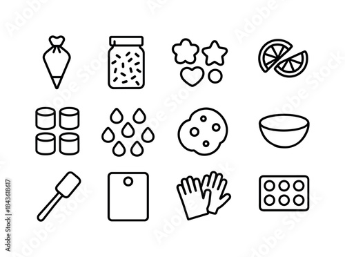 Edible Craft Icon Set. Edible Craft Supplies. Line icon set of E