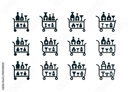Stylish Bar Cart Icons. Stylish Bar Cart with Liquor and Glasswa