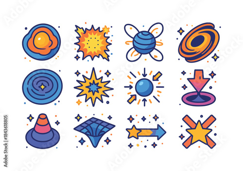 Cosmic Collapse Icons. Cosmic Collapse. Colorful isometric vecto