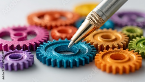 Pen poised above bright, colorful gears, suggesting synergy and intricate workings