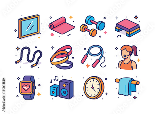 Colorful HIIT Icon Set. Studio HIIT. Colorful isometric vector i