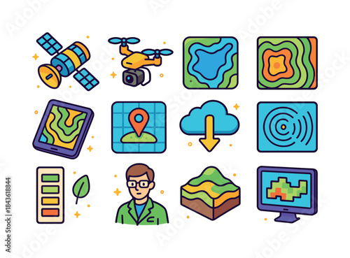 Isometric Remote Sensing Icons. Remote sensing and mapping. Colo
