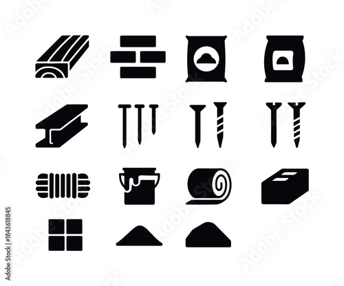 Building Materials Icons. Building Materials. Solid icon set of