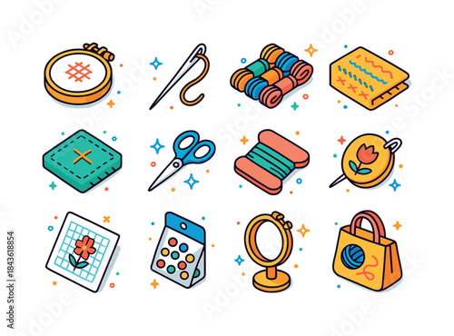 Colorful Needlework Icons. needlework. Colorful isometric vector