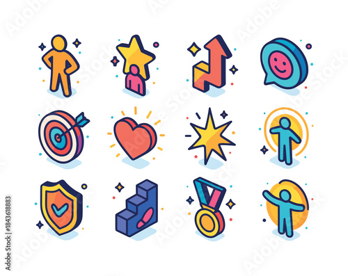 Self-Confidence Icons. Self-Confidence. Colorful isometric vecto