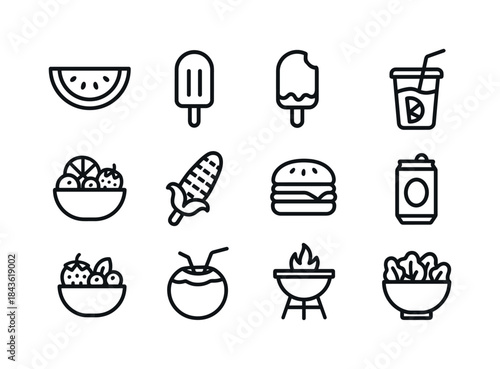 Summer Food Icons. Summer foods. Line icon set of Summer foods: