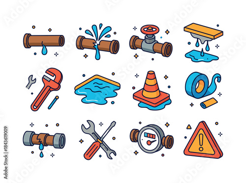 Pipe Burst Icons. Pipe Burst Emergency. Colorful isometric vecto