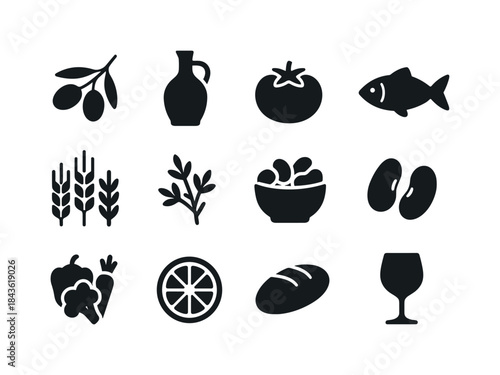 Mediterranean Diet Icons. Mediterranean diet. Solid icon set of