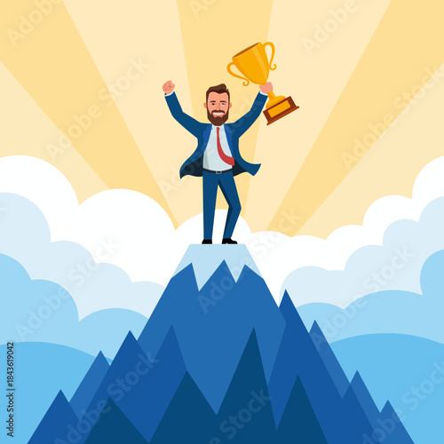 A triumphant businessman stands atop a mountain peak, holding a trophy high, symbolizing achievement, success, and reaching one's goals against adversity.