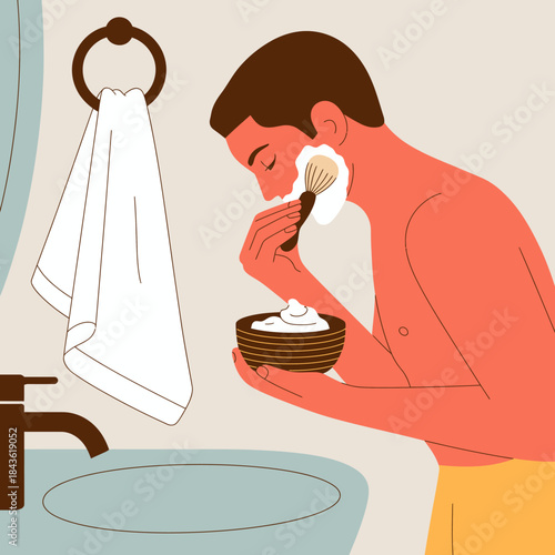 In a contemporary bathroom, a man is busy shaving, reflecting moments of personal grooming and self-care in a clean and minimalist environment.