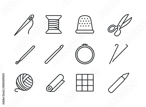 Textile Craft Icon Set. Textile Craft Tools. Line icon set of Te