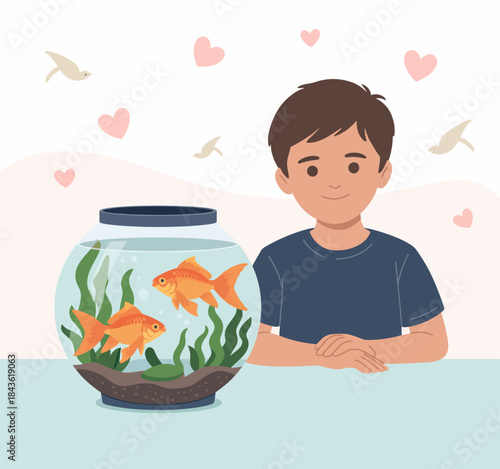 A young boy gazes happily at his vibrant fish in an aquarium, capturing a moment of wonder and joy in observing aquatic life and nature indoors.