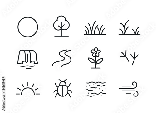 Nature Line Art Icons. Nature Clearing. Line icon set of Nature