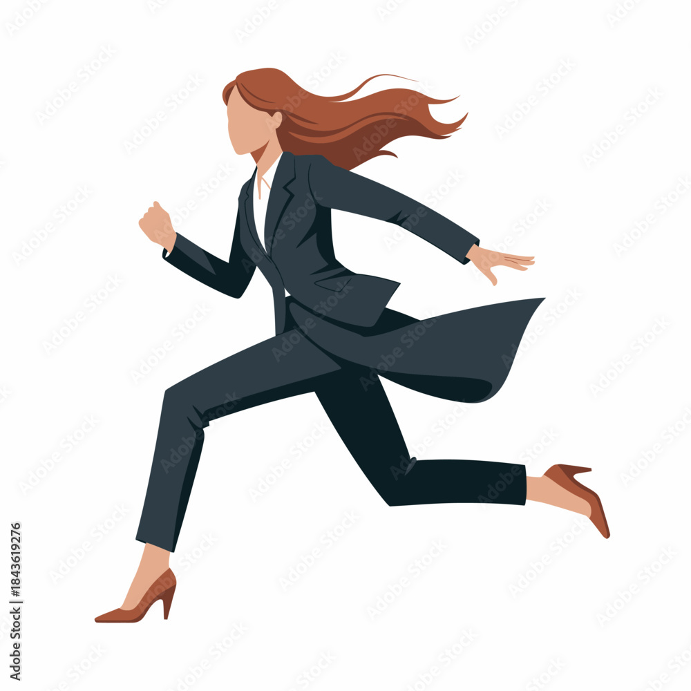 Fototapeta premium This powerful illustration depicts a businesswoman running confidently, symbolizing ambition, determination, and the pursuit of success against all odds.