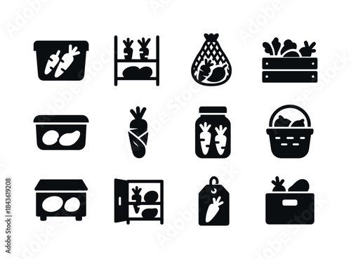 Vegetable Storage Icons. Vegetable storage. Solid icon set of ve