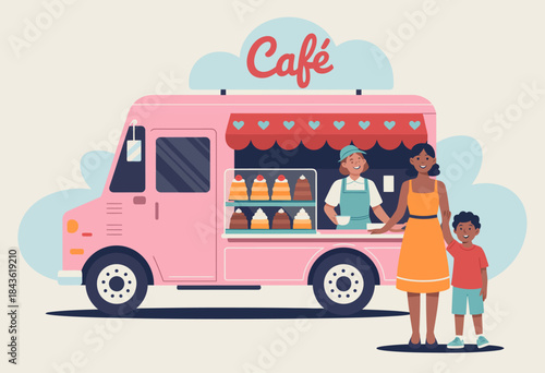 A charming pink café food truck offers delicious treats while a joyful family enjoys their time together outside in a sunny, lively atmosphere filled with snacks and fun.