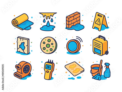 Colorful Water Damage Icons. Water Damage. Colorful isometric ve