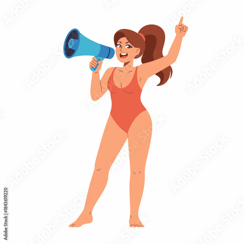 A confident woman in a swimsuit enthusiastically holds a megaphone, embodying empowerment and excitement, ready to deliver a message with flair during summer fun.