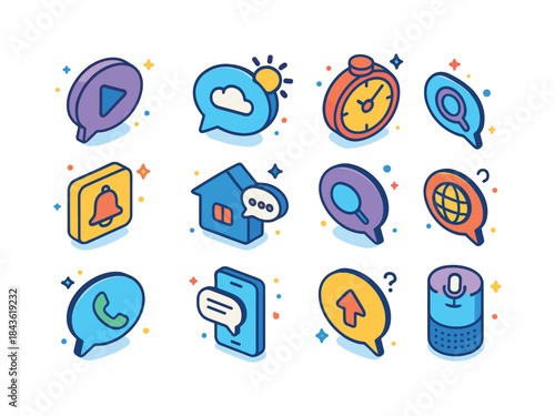 Colorful Voice Command Icons. Voice Commands. Colorful isometric