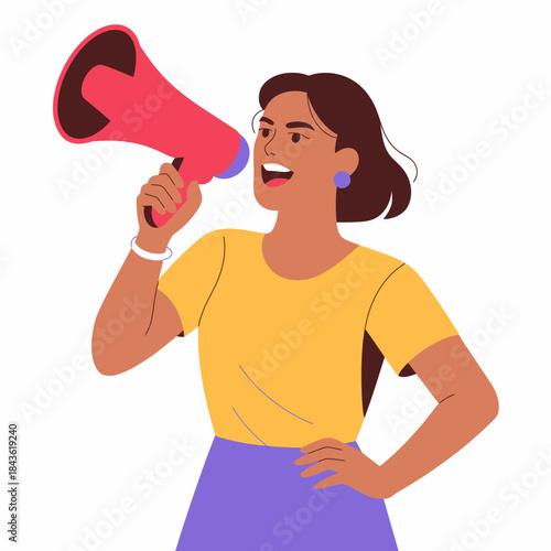 A vibrant illustration of a woman passionately using a megaphone, symbolizing empowerment and communication in a lively way for promotional purposes.