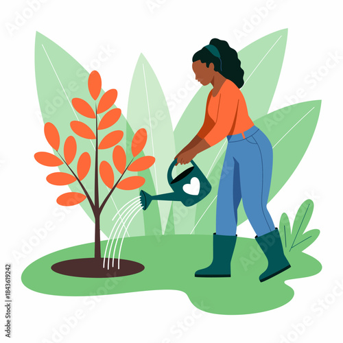 A woman is diligently watering a young tree in a lush green garden. This image symbolizes nurturing growth, environmental consciousness, and the importance of sustainable practices in gardening.