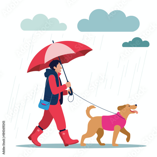 This charming illustration depicts a person walking their dog on a rainy day, both happily enjoying the fresh air while sheltered under a vibrant red umbrella against gray clouds.
